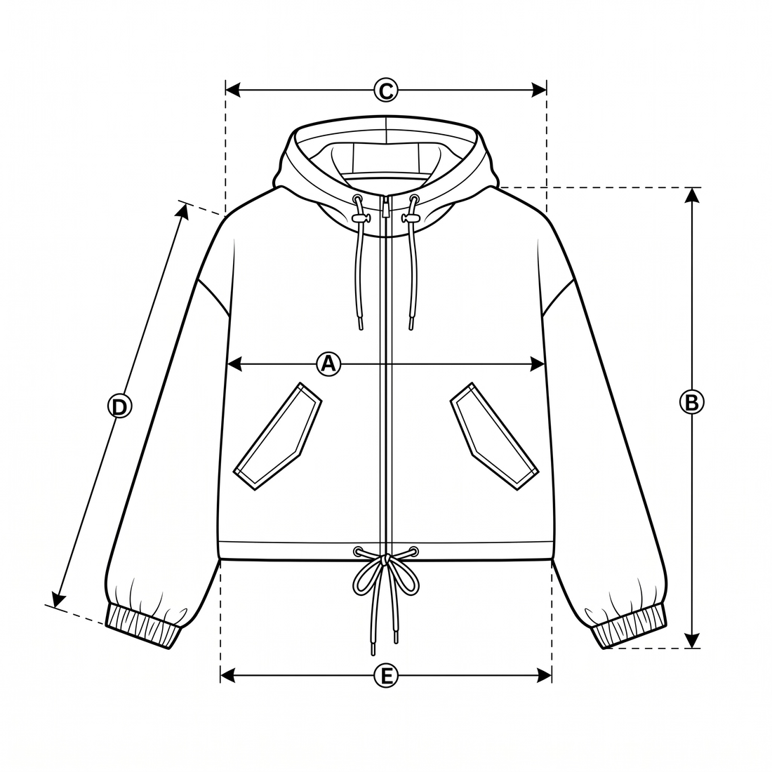 Jacket laid flat with measurement points A to E