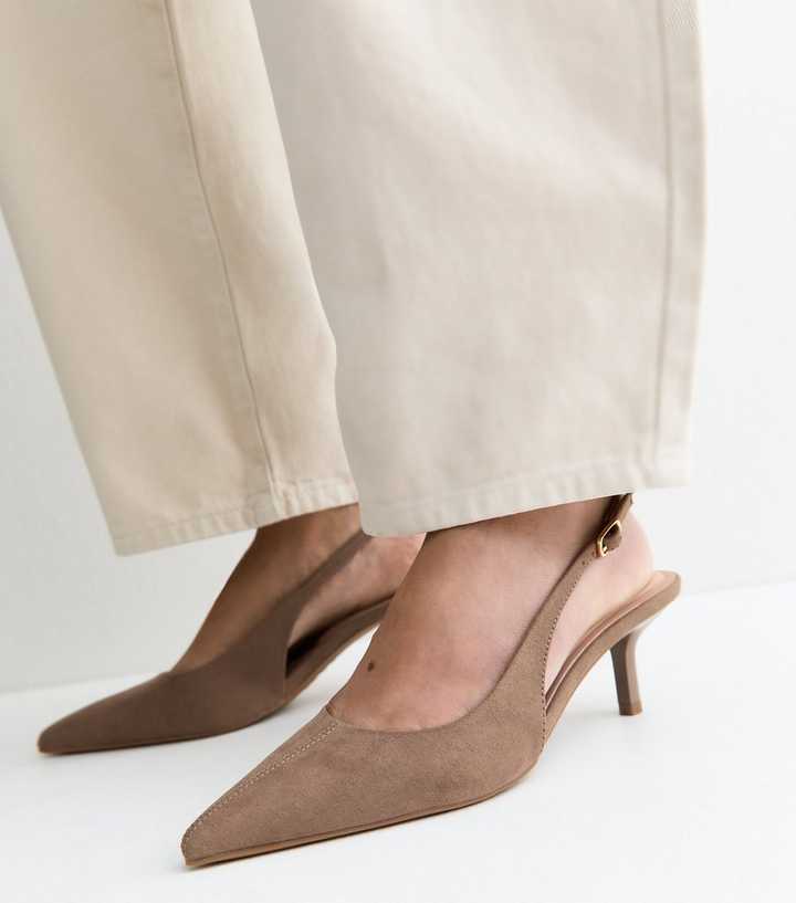 Light Brown Faux Suede Pointed Toe Slingback Heels