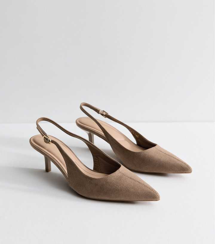 Light Brown Faux Suede Pointed Toe Slingback Heels